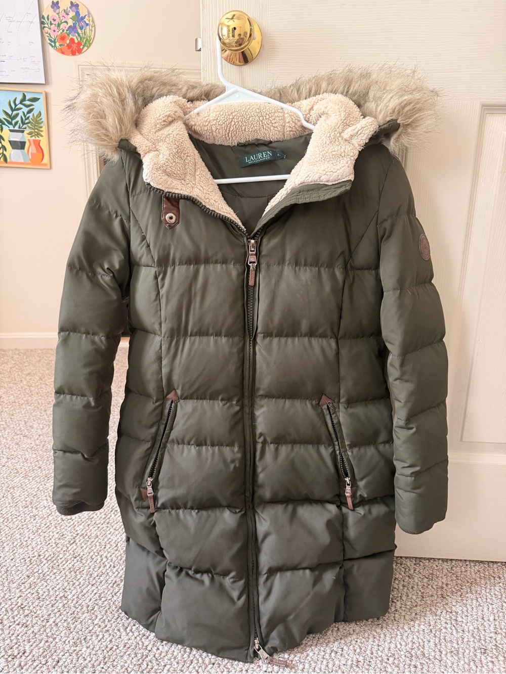 Ralph Lauren Olive Green Quilted Puffer Coat with Faux Fur Hood